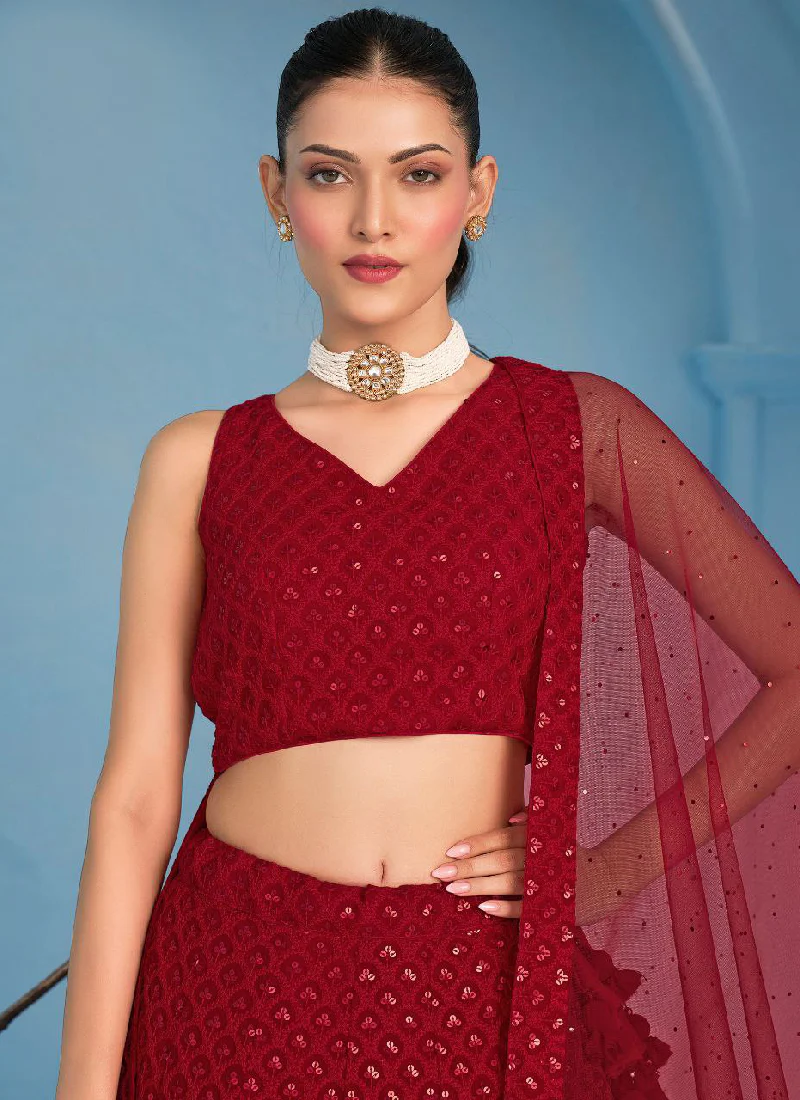 Fantastic Wedding Wear Red Georgette Thread Embroidery Lehenga Choli - Image 2