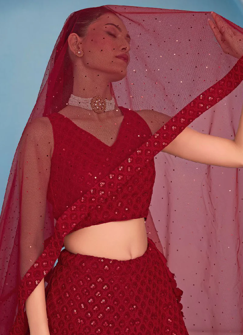 Fantastic Wedding Wear Red Georgette Thread Embroidery Lehenga Choli - Image 3