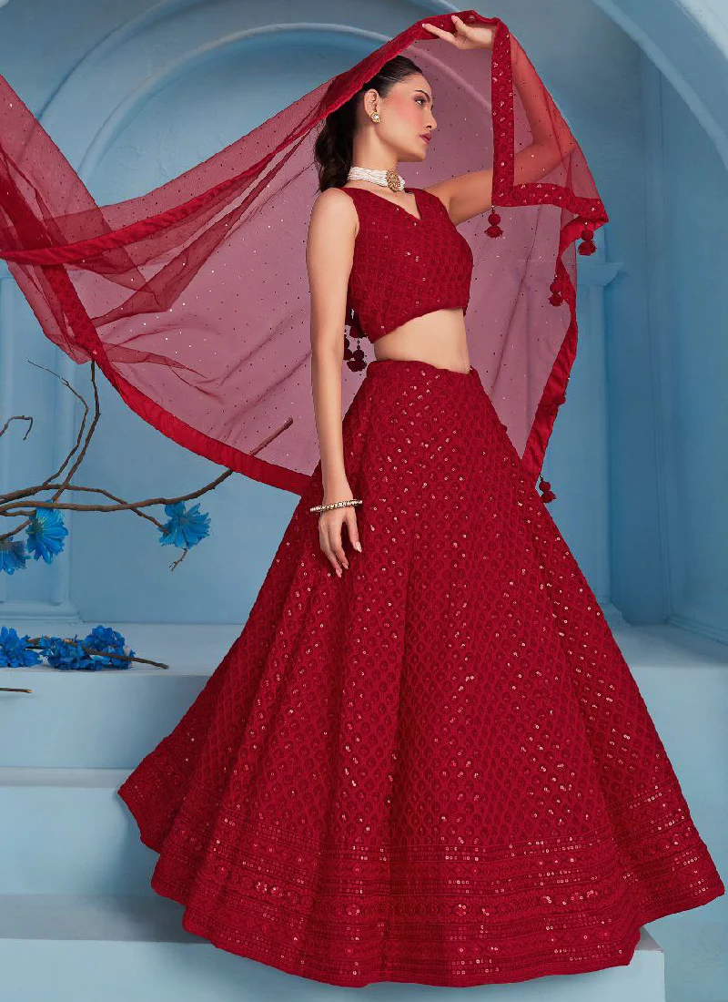 Fantastic Wedding Wear Red Georgette Thread Embroidery Lehenga Choli - Image 5