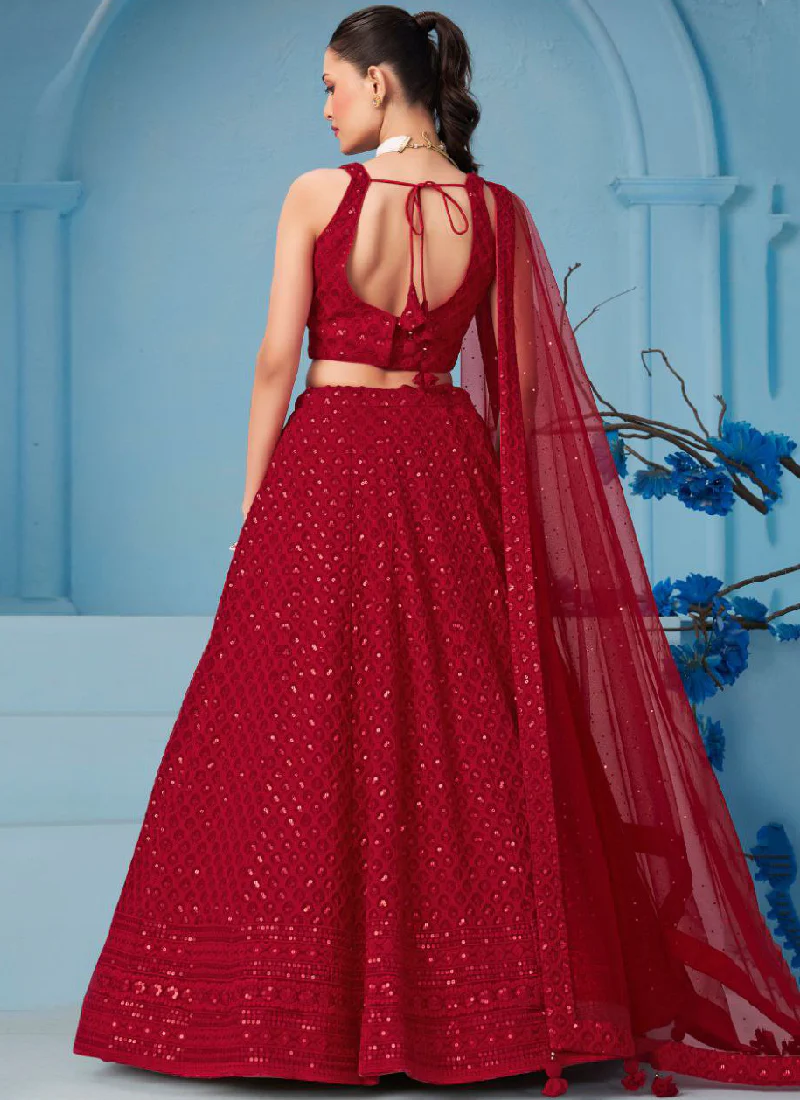 Fantastic Wedding Wear Red Georgette Thread Embroidery Lehenga Choli - Image 7