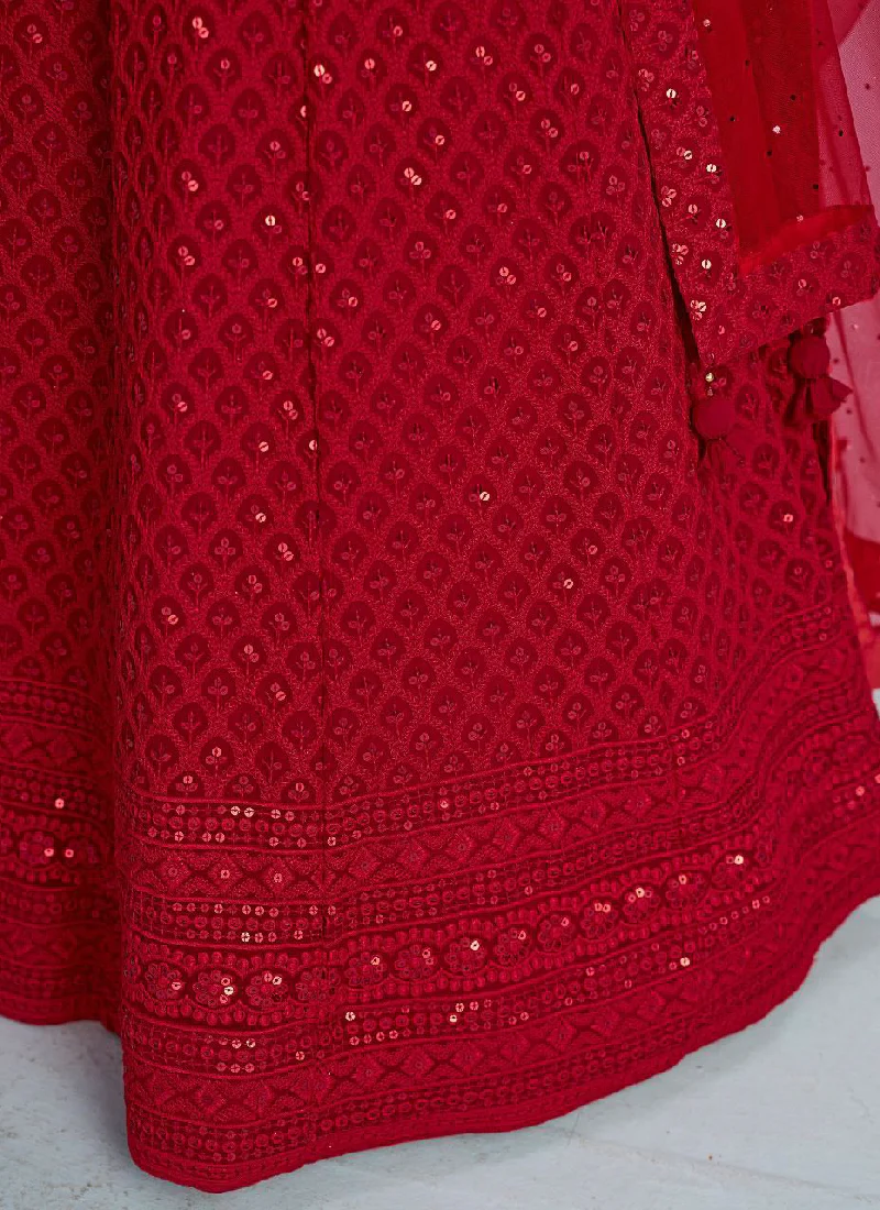 Fantastic Wedding Wear Red Georgette Thread Embroidery Lehenga Choli - Image 9