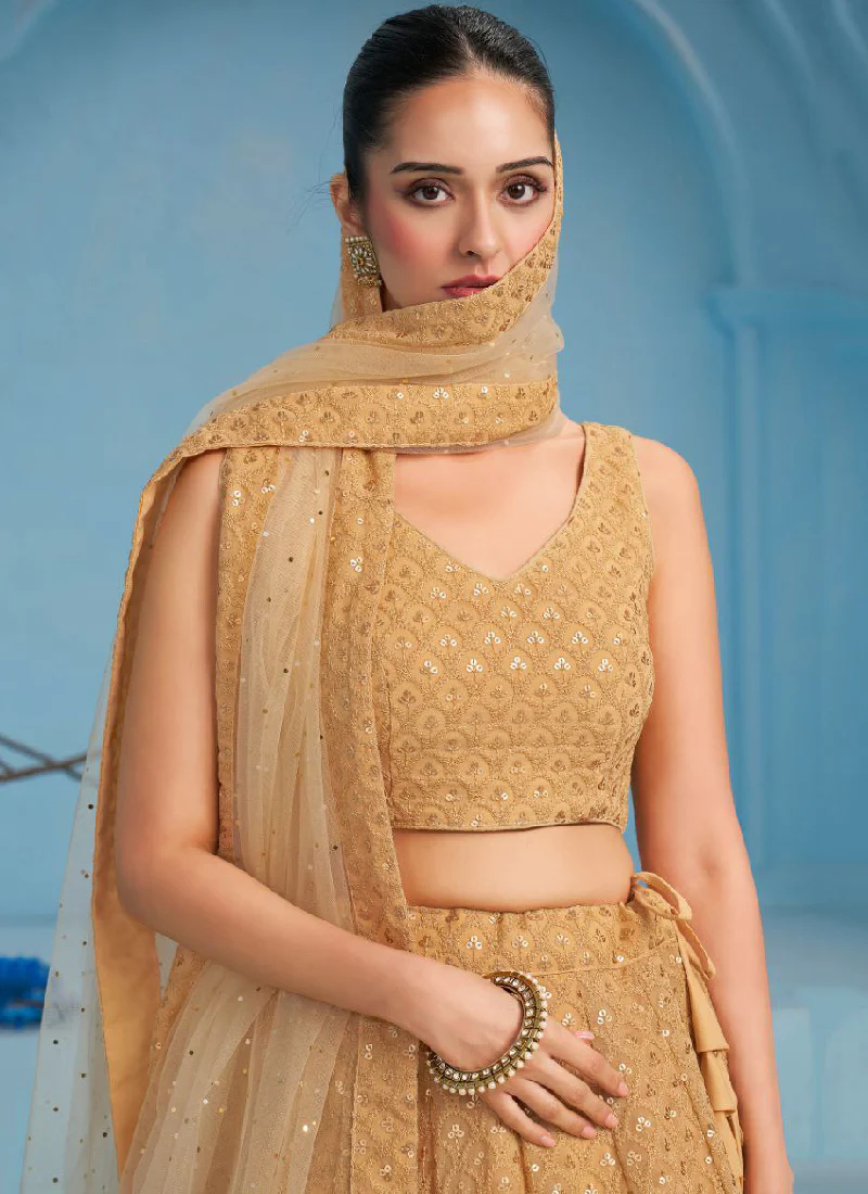 Eye-catching Sequence Work Georgette Beige Lehenga Choli For Women - Image 2