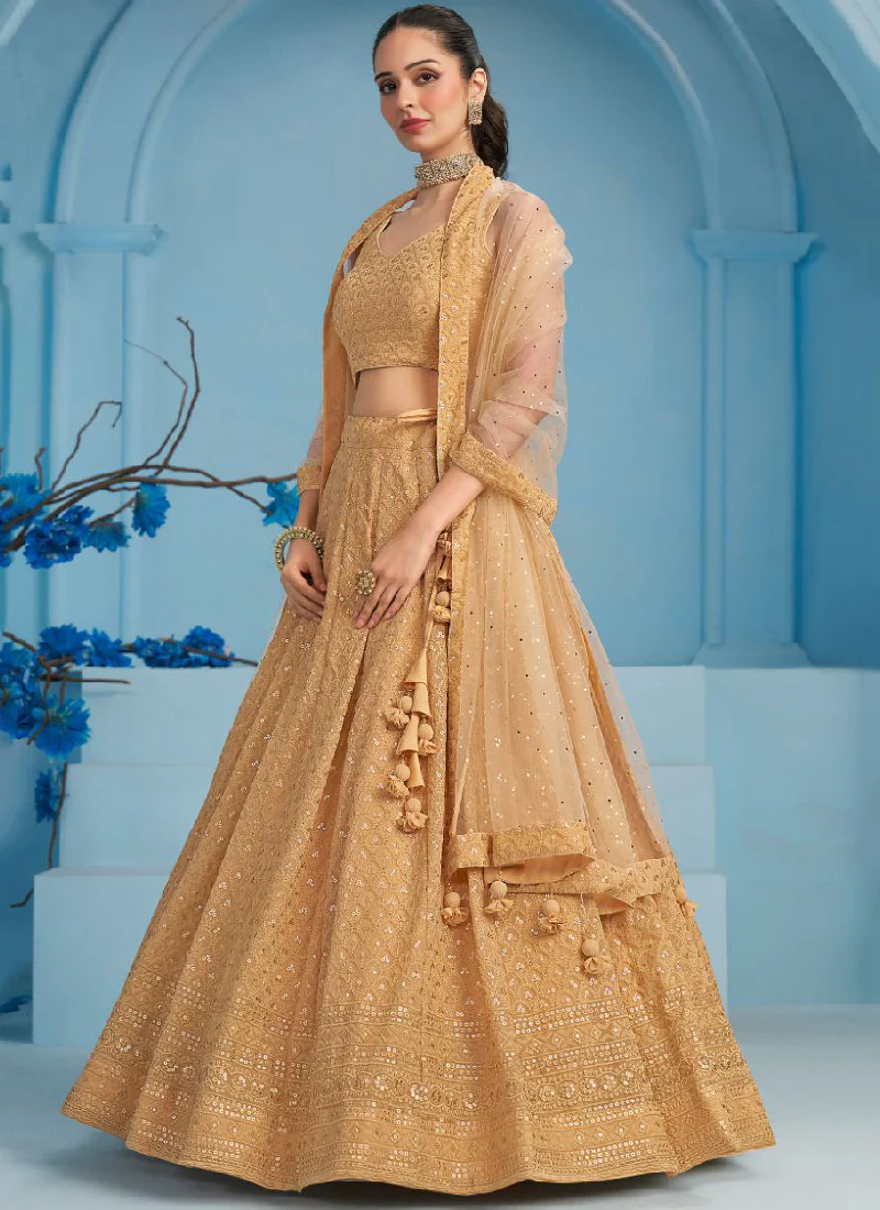 Eye-catching Sequence Work Georgette Beige Lehenga Choli For Women - Image 3