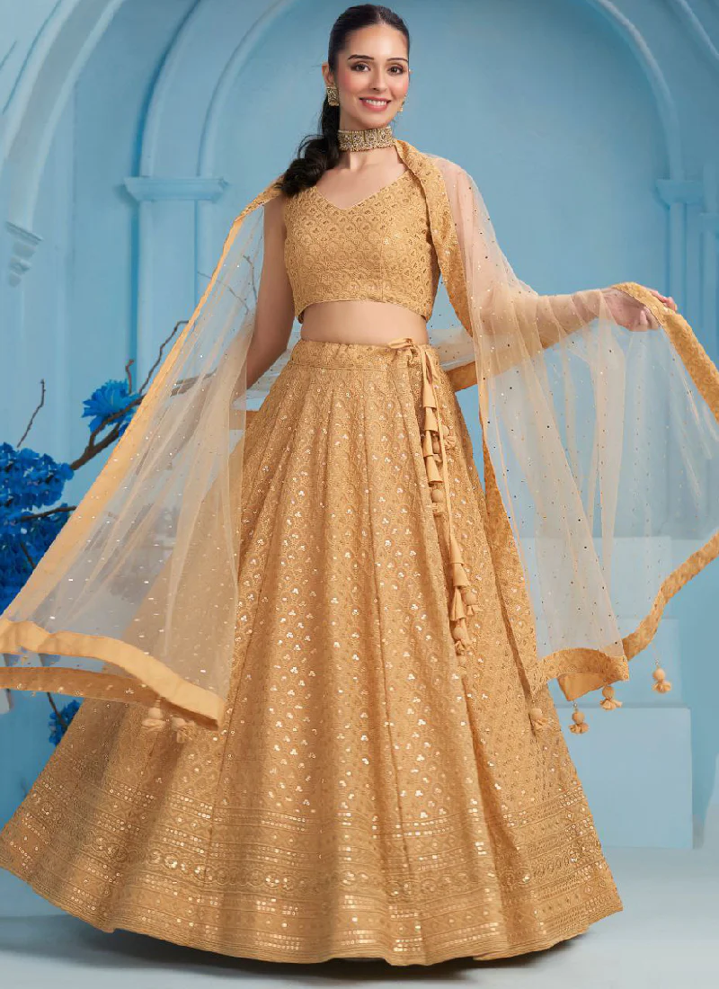 Eye-catching Sequence Work Georgette Beige Lehenga Choli For Women - Image 4