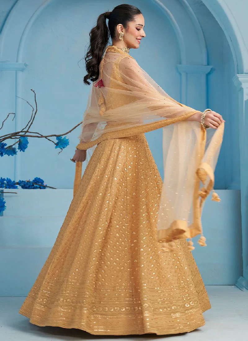 Eye-catching Sequence Work Georgette Beige Lehenga Choli For Women - Image 6