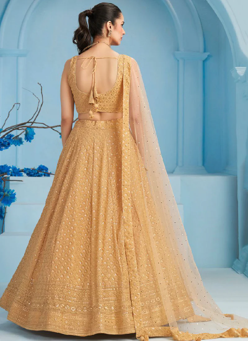 Eye-catching Sequence Work Georgette Beige Lehenga Choli For Women - Image 7