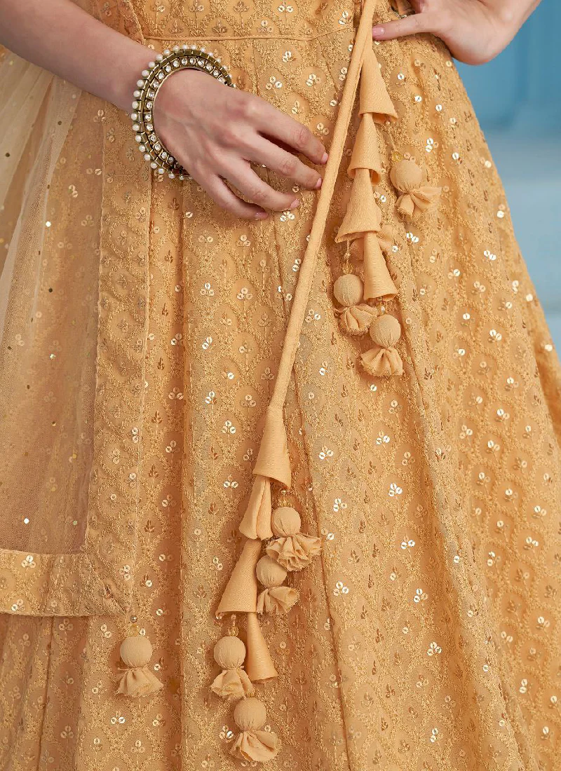 Eye-catching Sequence Work Georgette Beige Lehenga Choli For Women - Image 9
