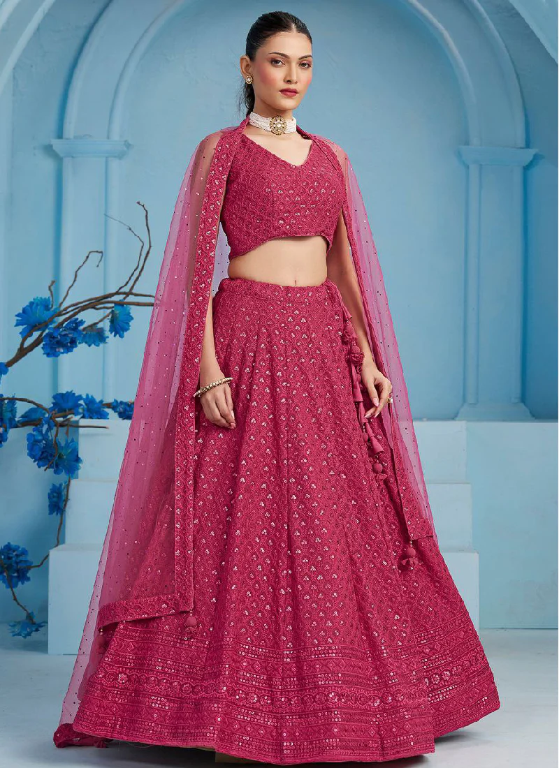 Prodigious Sequence Work Georgette Pink Reception Wear Lehenga Choli - Image 3