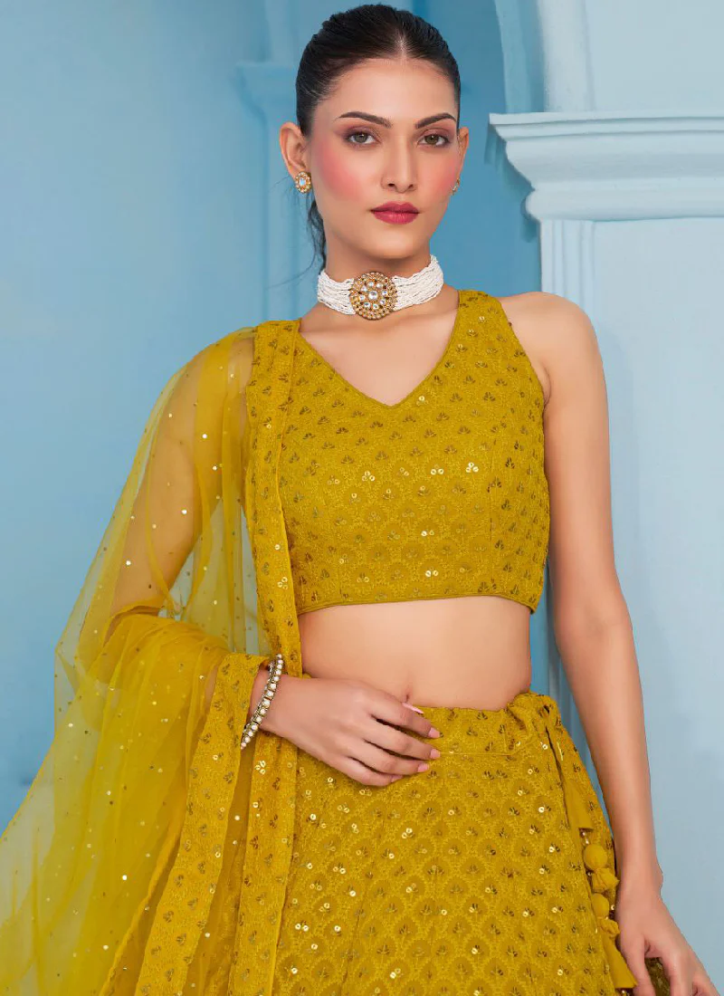 Georgette Thread Embroidery Work Haldi Special Yellow Lehenga Choli - Image 2