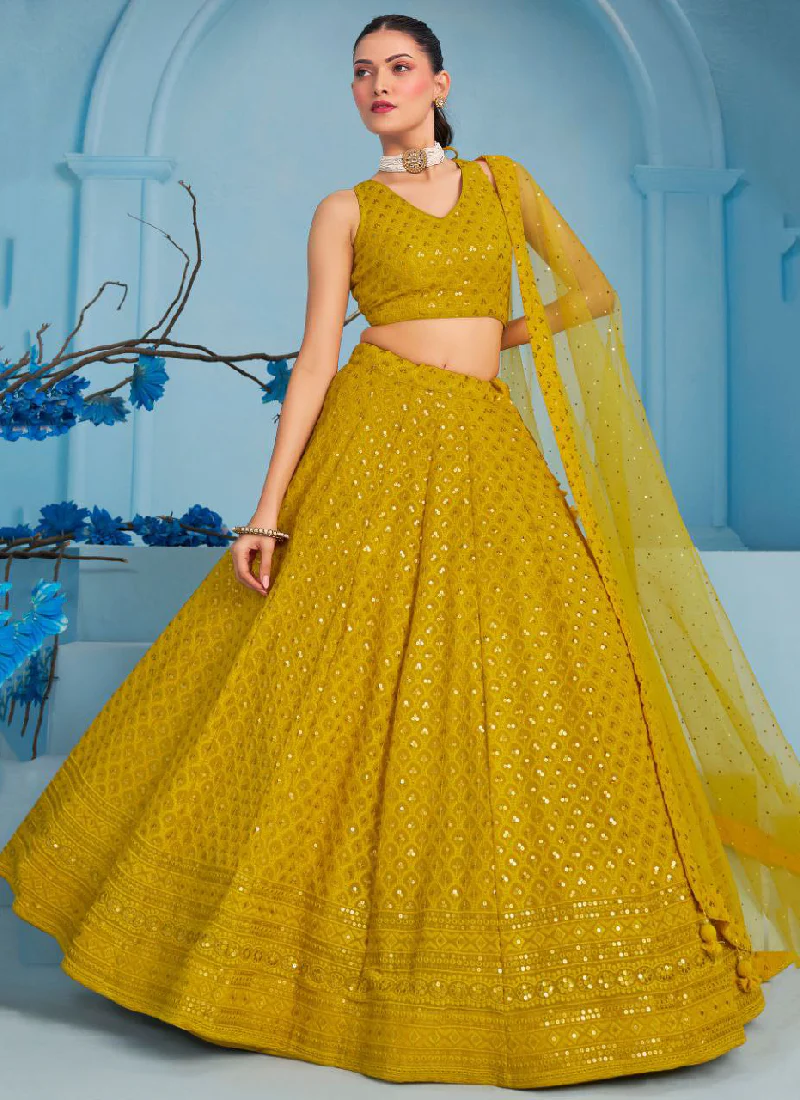Georgette Thread Embroidery Work Haldi Special Yellow Lehenga Choli - Image 3