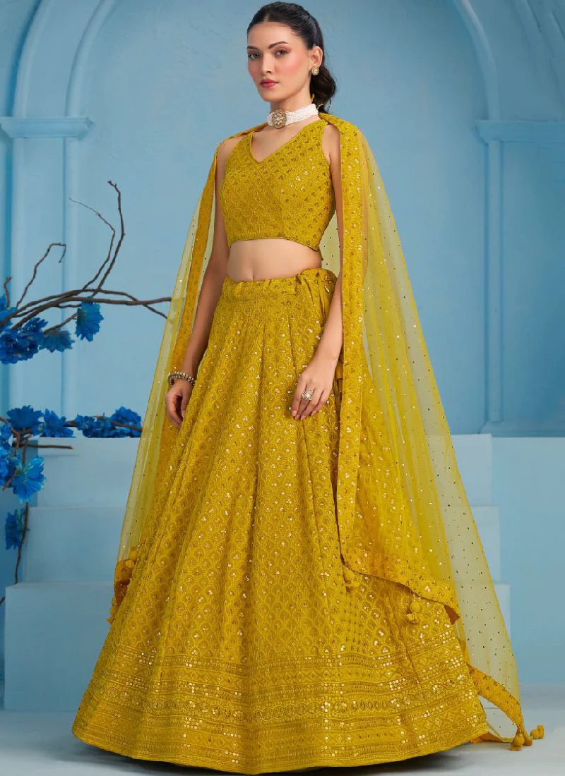 Georgette Thread Embroidery Work Haldi Special Yellow Lehenga Choli - Image 4