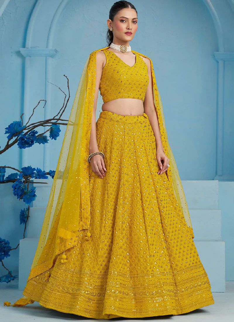 Georgette Thread Embroidery Work Haldi Special Yellow Lehenga Choli - Image 5