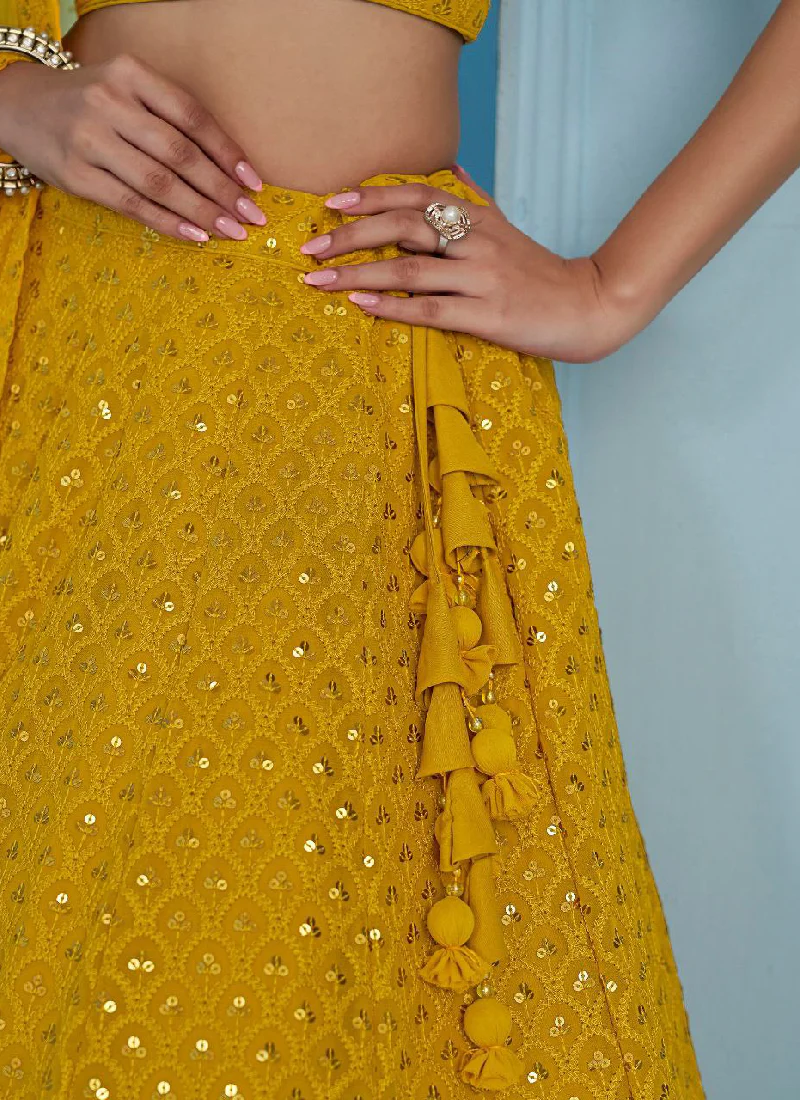 Georgette Thread Embroidery Work Haldi Special Yellow Lehenga Choli - Image 7