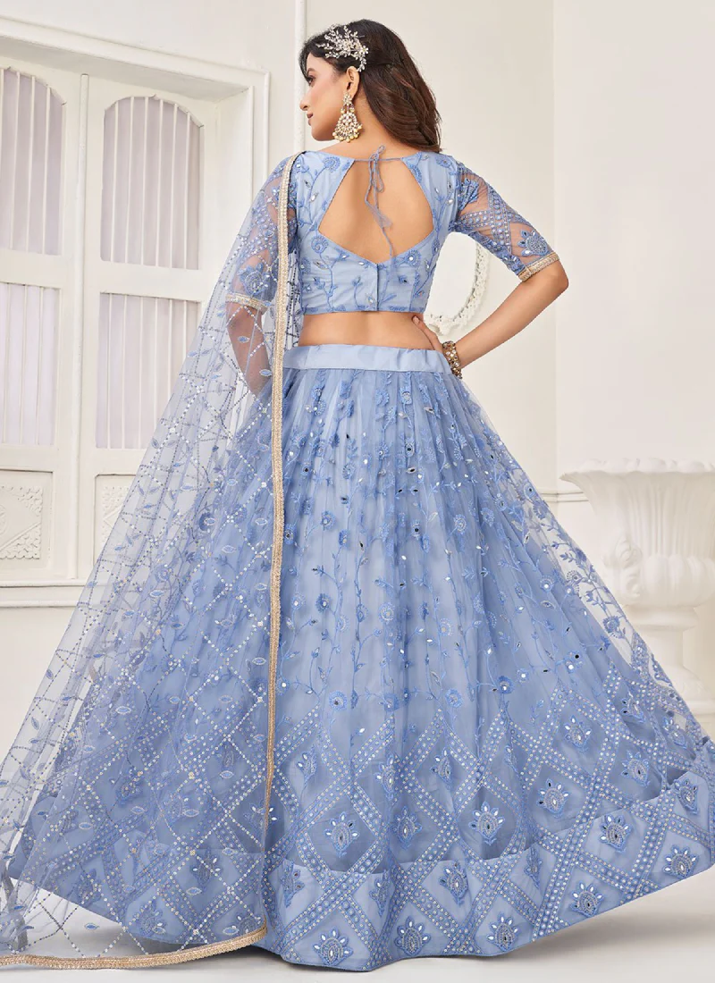 Aesthetically Light Blue Soft Net Thread Work Lehenga Choli - Image 3