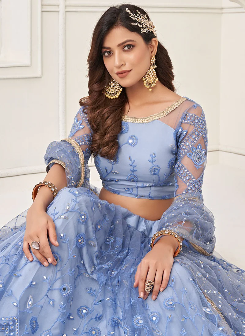 Aesthetically Light Blue Soft Net Thread Work Lehenga Choli - Image 4