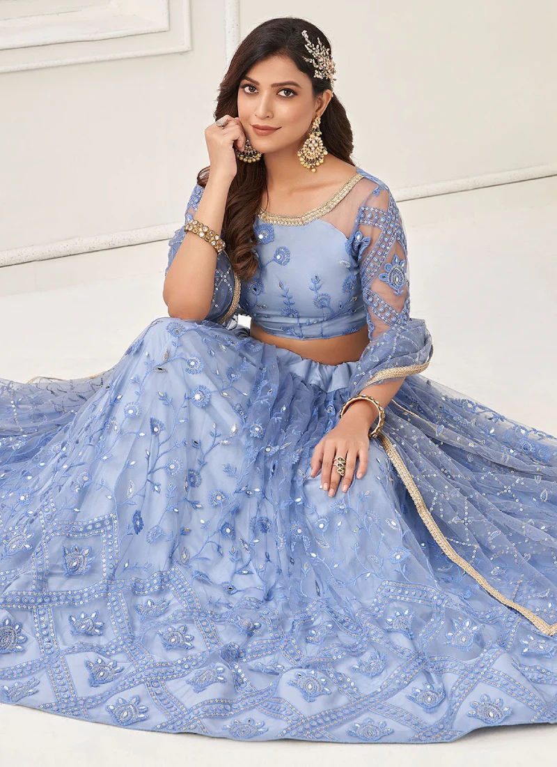 Aesthetically Light Blue Soft Net Thread Work Lehenga Choli - Image 5
