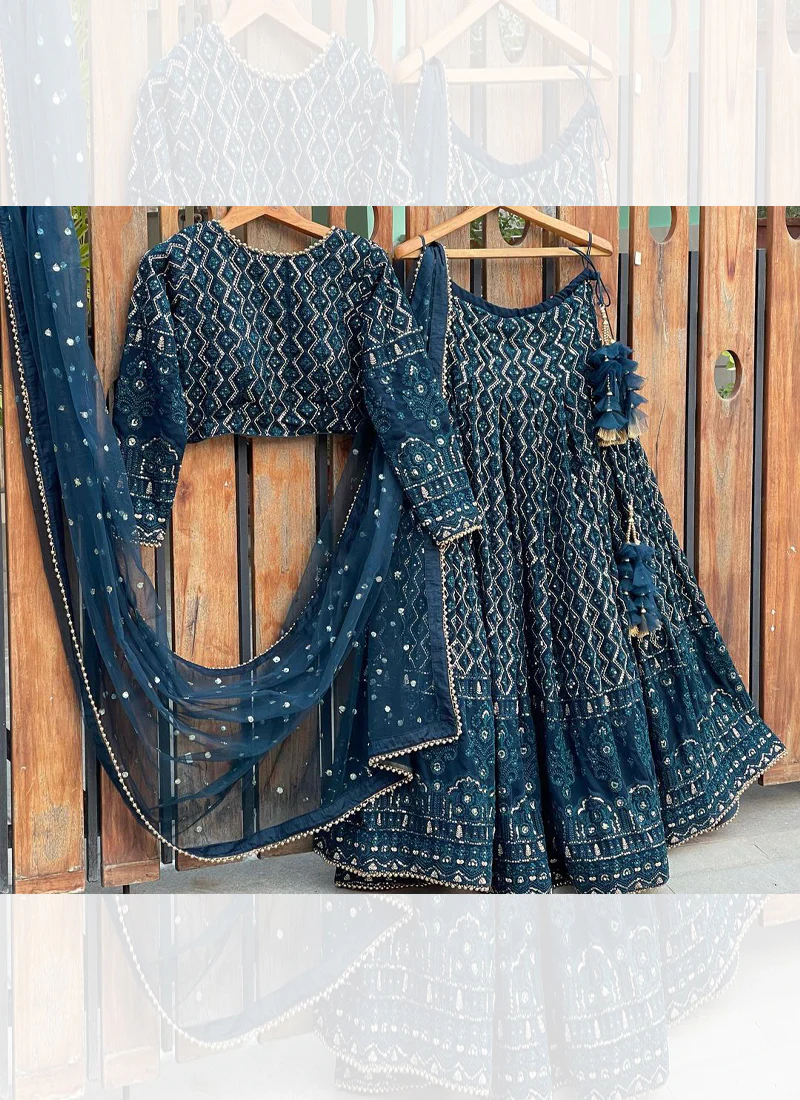 Aesthetically Sequence Embroidered Blue Georgette Lehenga Choli - Image 2