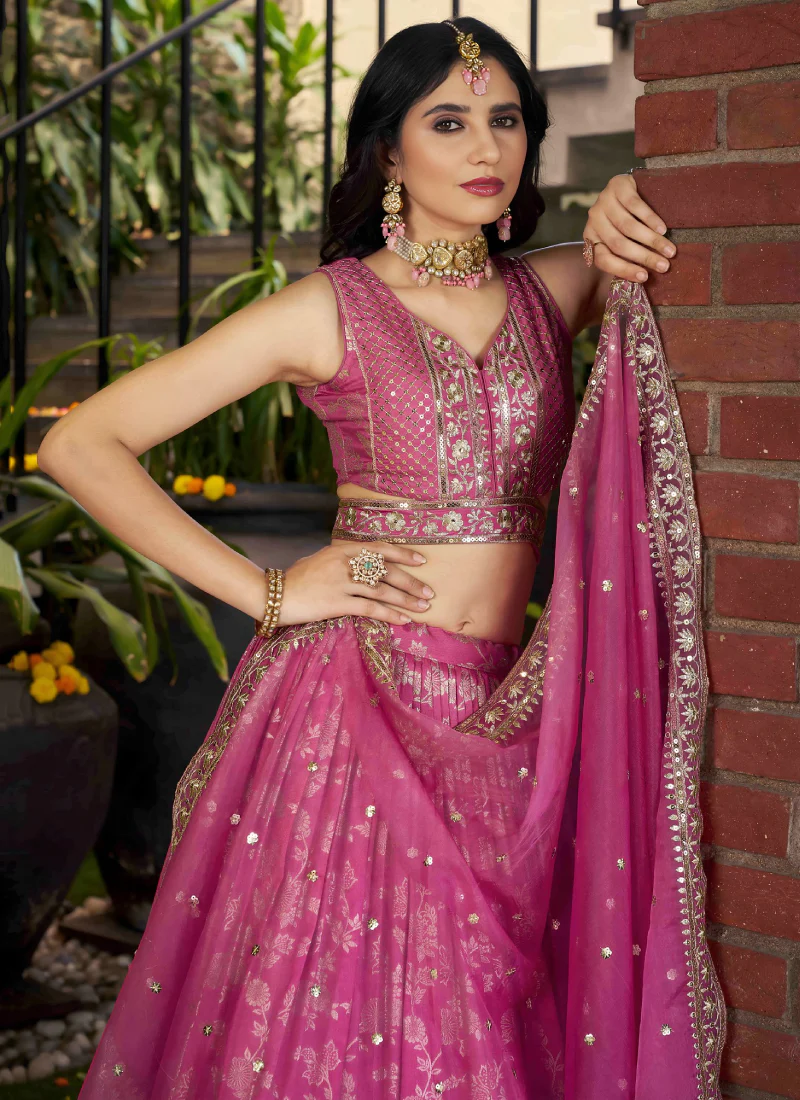 Aesthetically Sequence Weaving Embroidery Jacquard Pink Lehenga Choli - Image 2