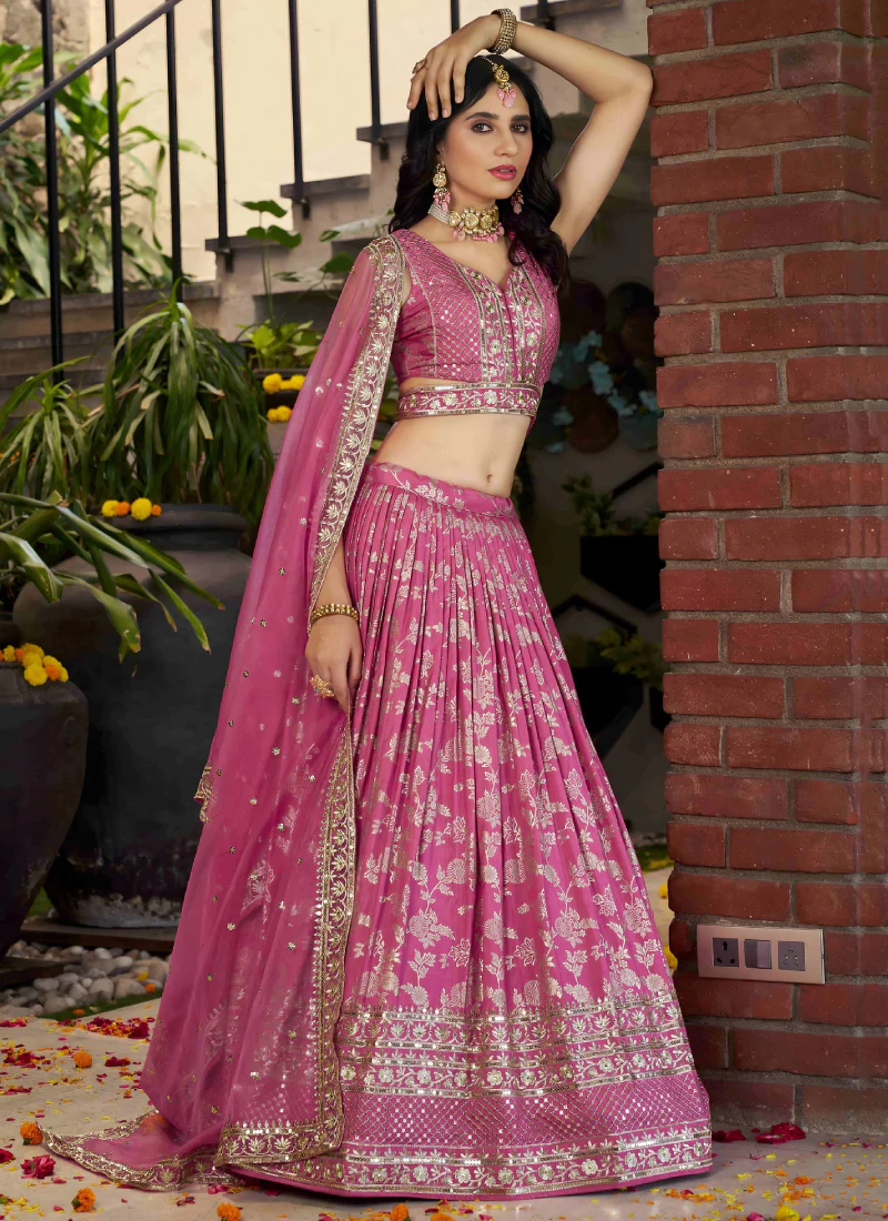 Aesthetically Sequence Weaving Embroidery Jacquard Pink Lehenga Choli - Image 4