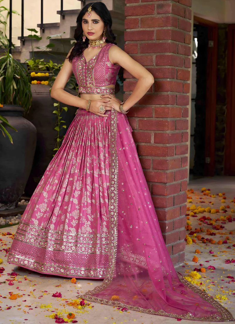 Aesthetically Sequence Weaving Embroidery Jacquard Pink Lehenga Choli - Image 5