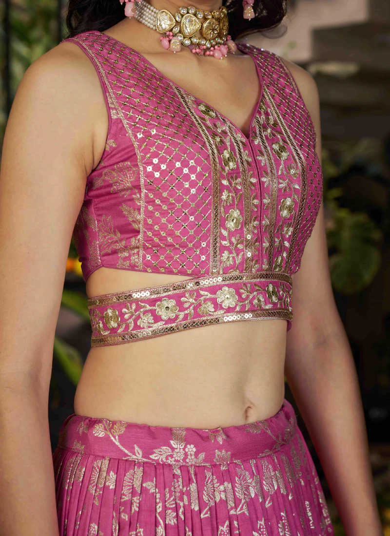 Aesthetically Sequence Weaving Embroidery Jacquard Pink Lehenga Choli - Image 7