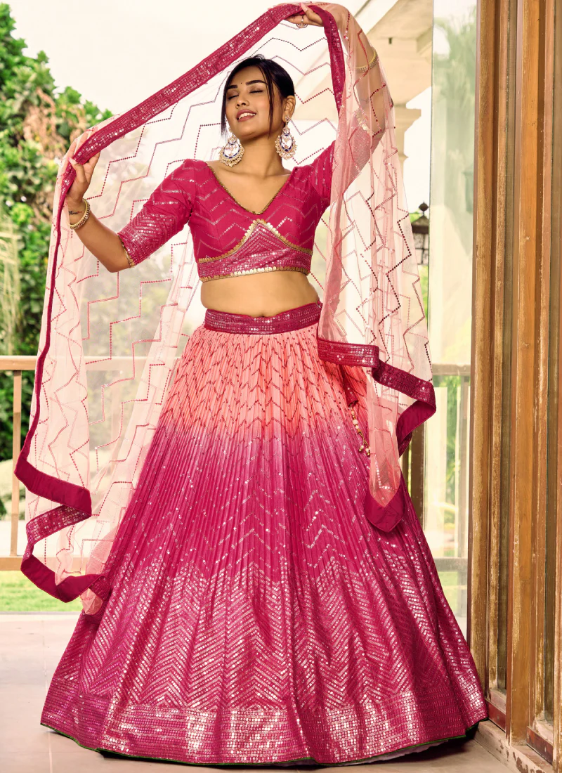 Aesthetically Sequence Work Chinon Sangeet Wear Pink Lehenga Choli - Image 3