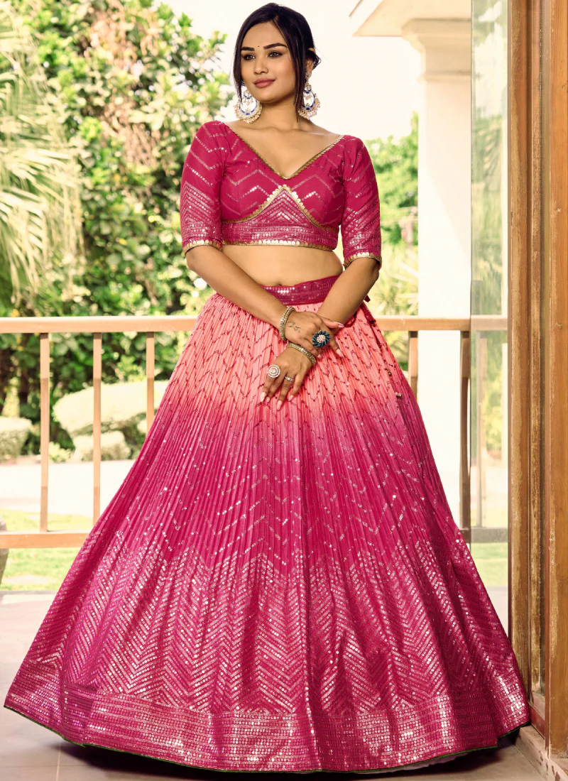 Aesthetically Sequence Work Chinon Sangeet Wear Pink Lehenga Choli - Image 4