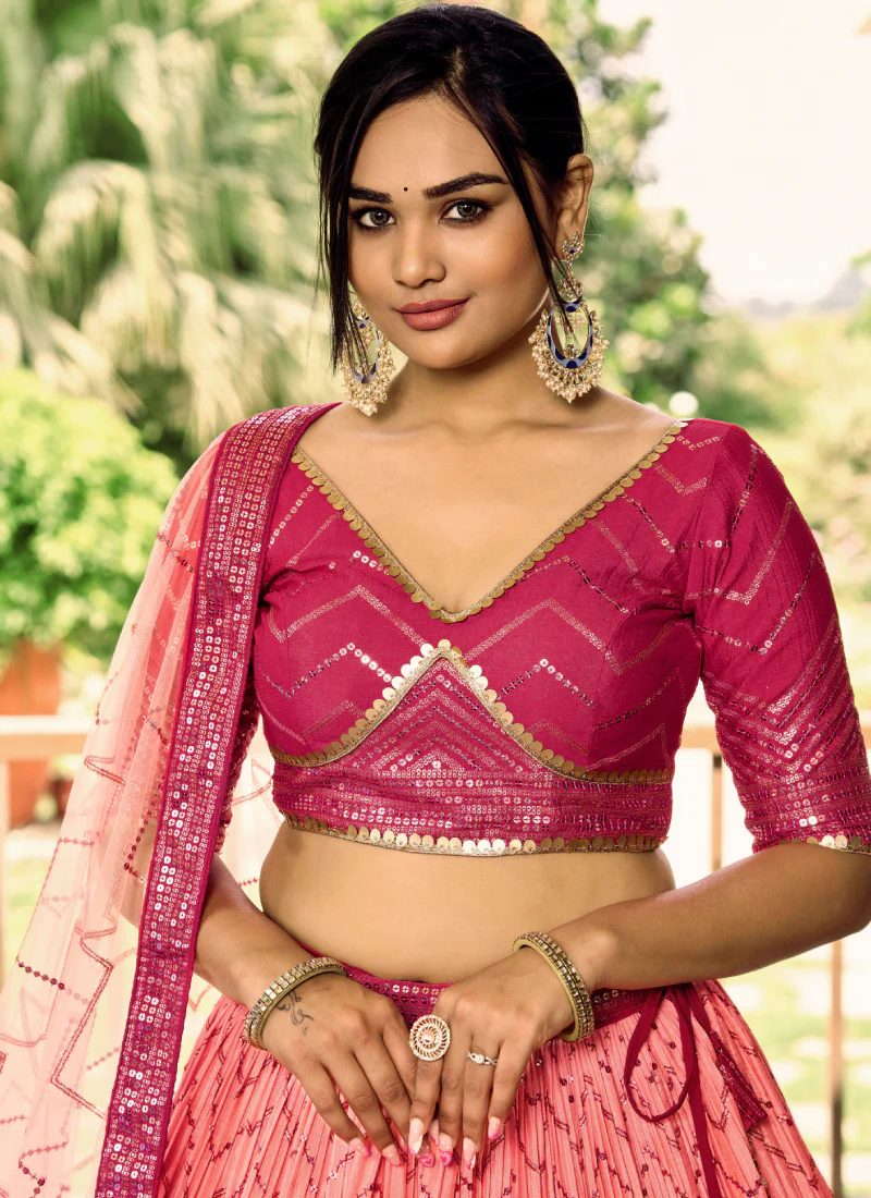 Aesthetically Sequence Work Chinon Sangeet Wear Pink Lehenga Choli - Image 6