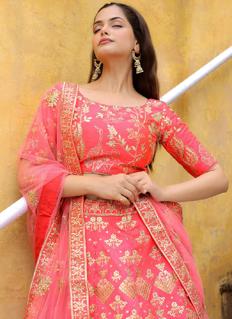 Aesthetically Zari Embroidered Peach Silk Lehenga Choli For Wedding - Image 2