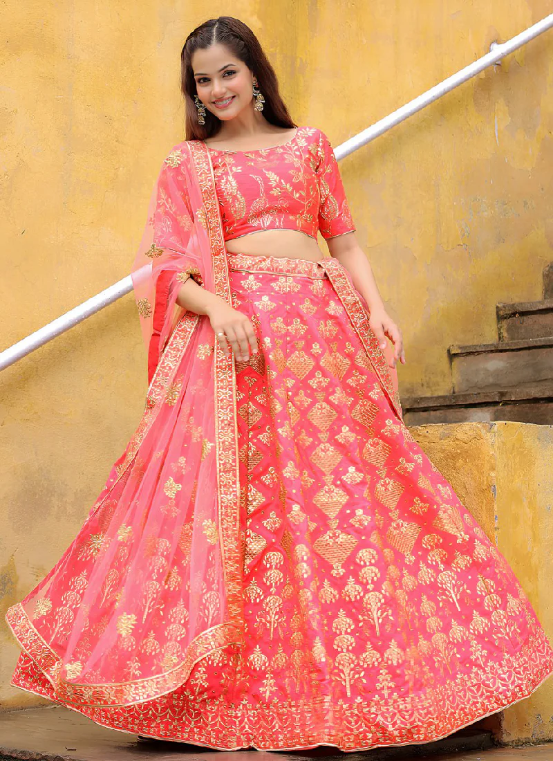 Aesthetically Zari Embroidered Peach Silk Lehenga Choli For Wedding - Image 3