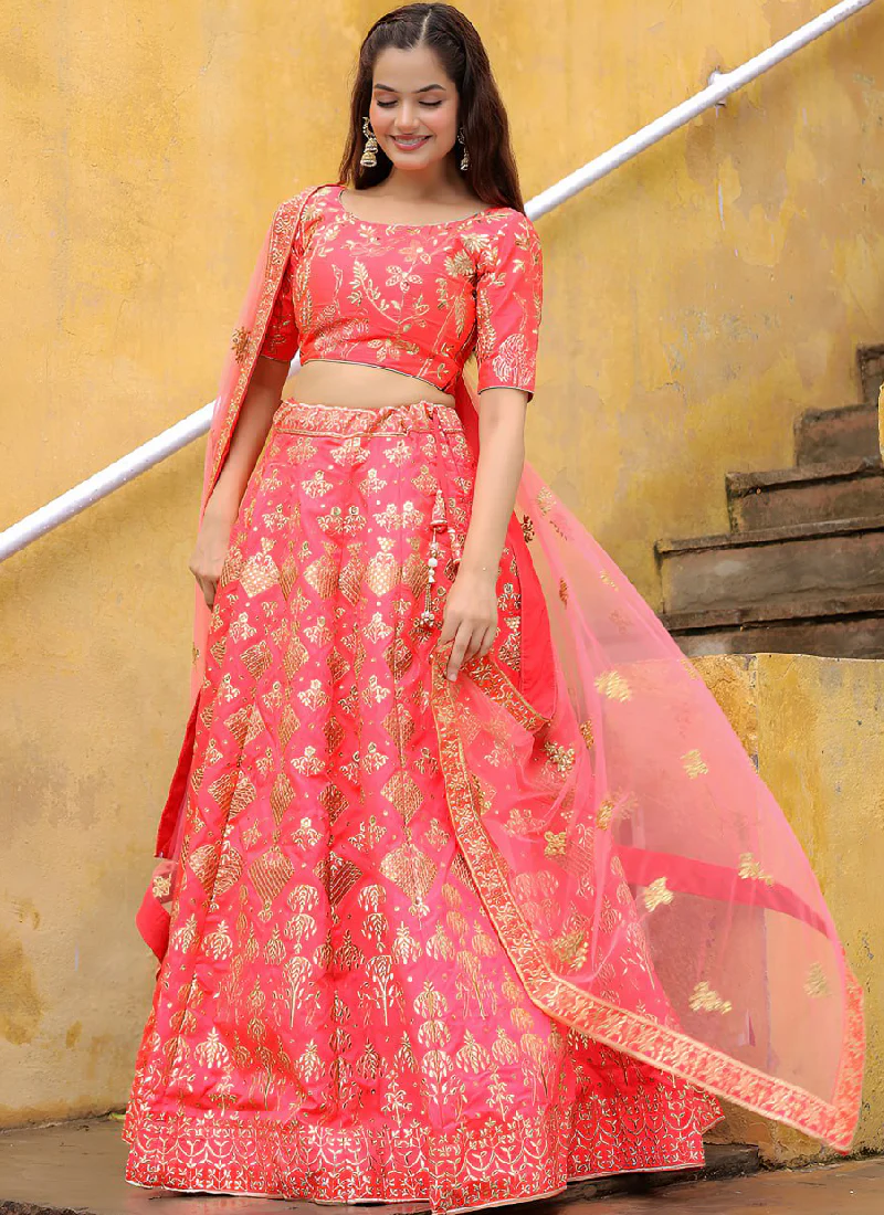 Aesthetically Zari Embroidered Peach Silk Lehenga Choli For Wedding - Image 4