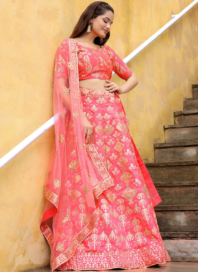 Aesthetically Zari Embroidered Peach Silk Lehenga Choli For Wedding - Image 5