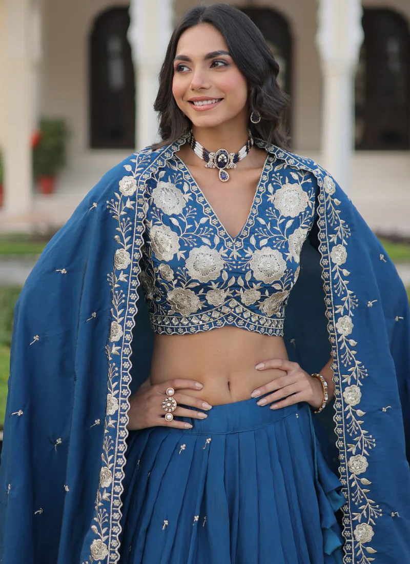 Aesthetically Zari Sequence Work Vichitra Silk Blue Lehenga Choli Set - Image 2