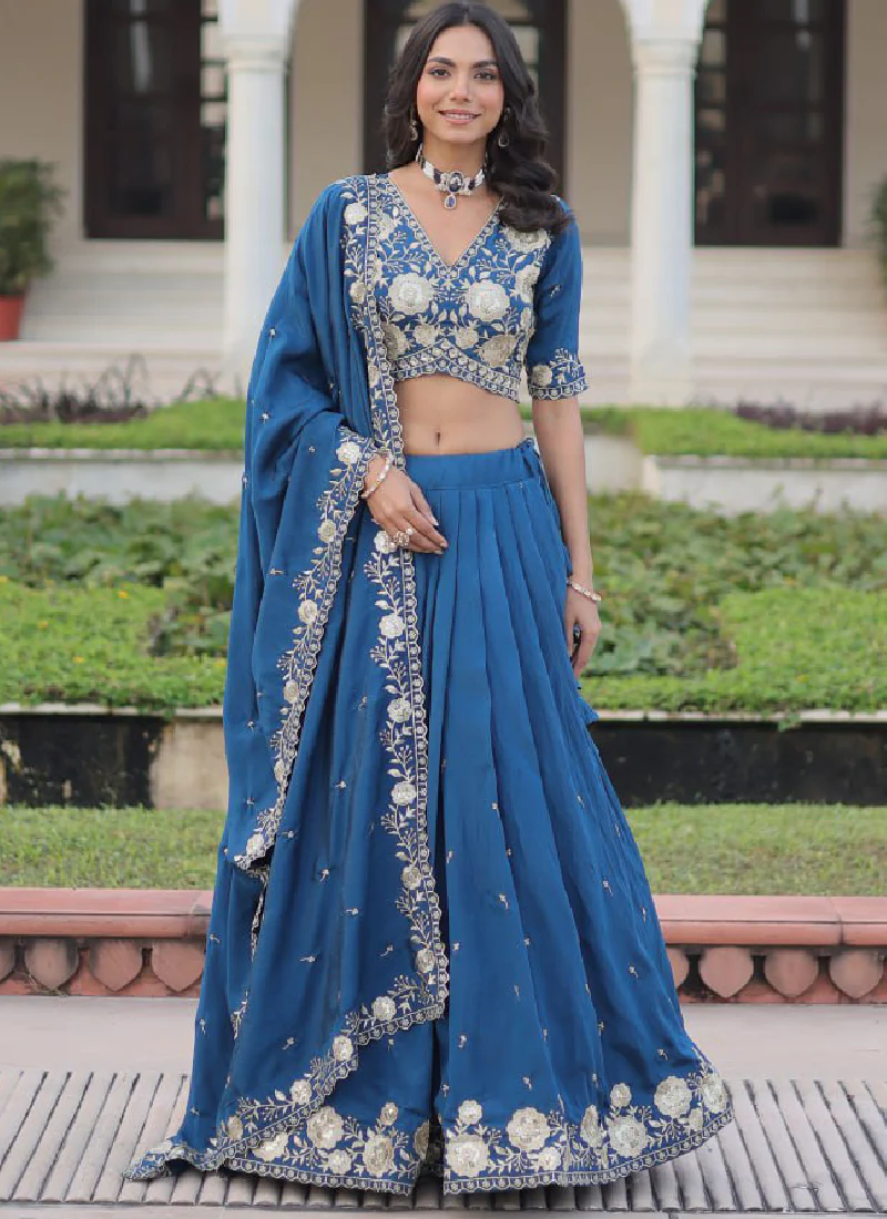 Aesthetically Zari Sequence Work Vichitra Silk Blue Lehenga Choli Set - Image 3