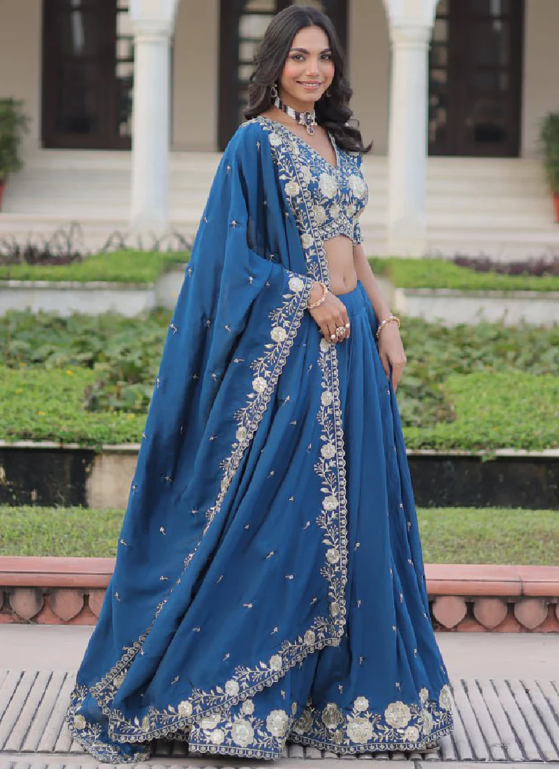 Aesthetically Zari Sequence Work Vichitra Silk Blue Lehenga Choli Set - Image 4