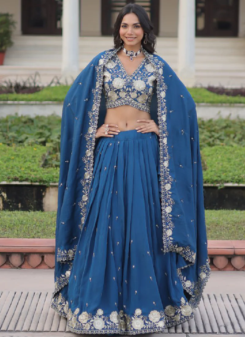 Aesthetically Zari Sequence Work Vichitra Silk Blue Lehenga Choli Set - Image 5