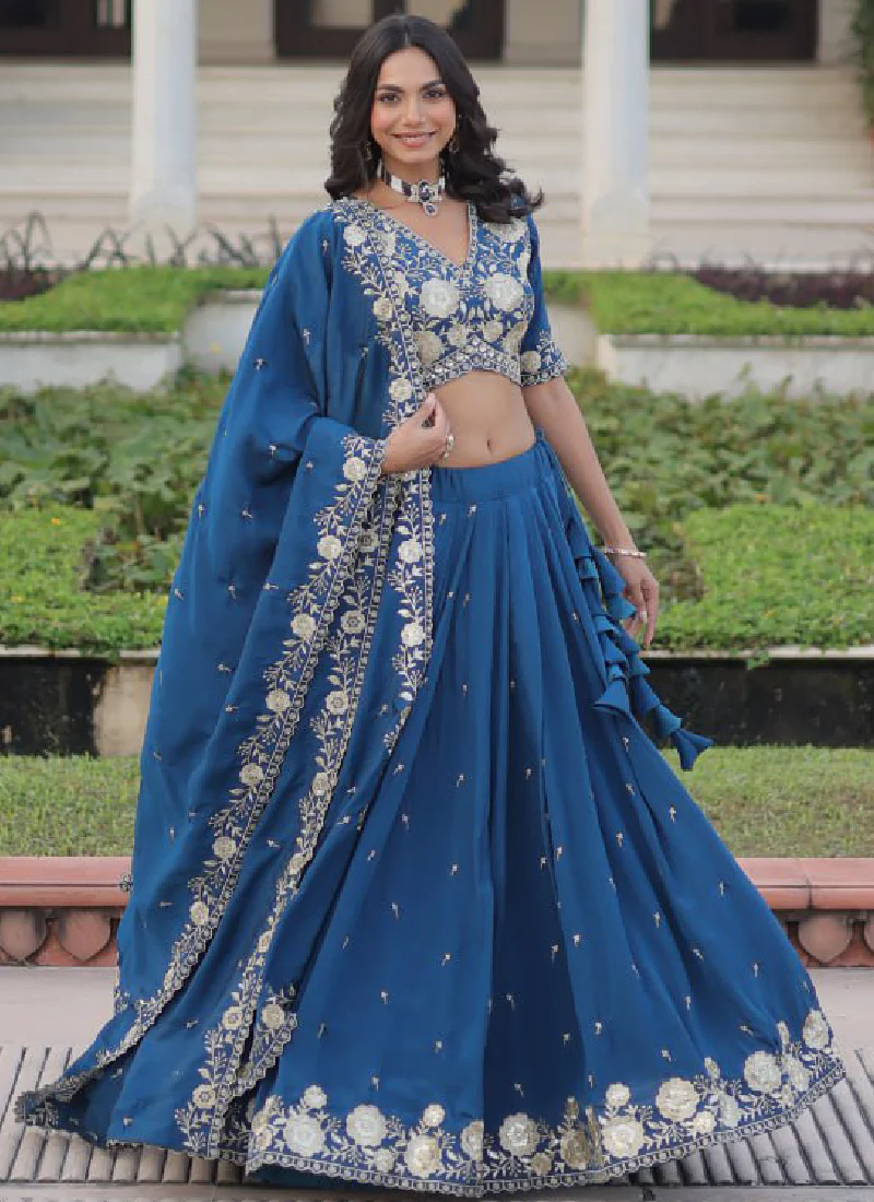 Aesthetically Zari Sequence Work Vichitra Silk Blue Lehenga Choli Set - Image 7