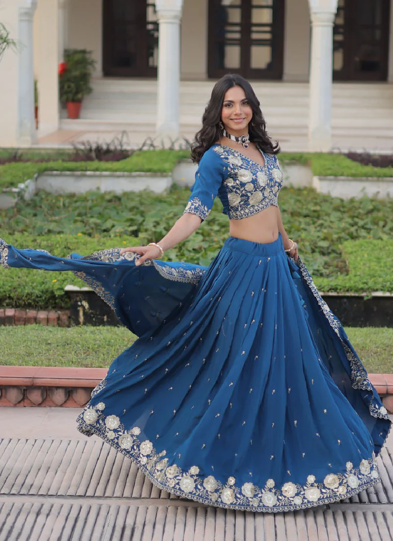 Aesthetically Zari Sequence Work Vichitra Silk Blue Lehenga Choli Set - Image 8