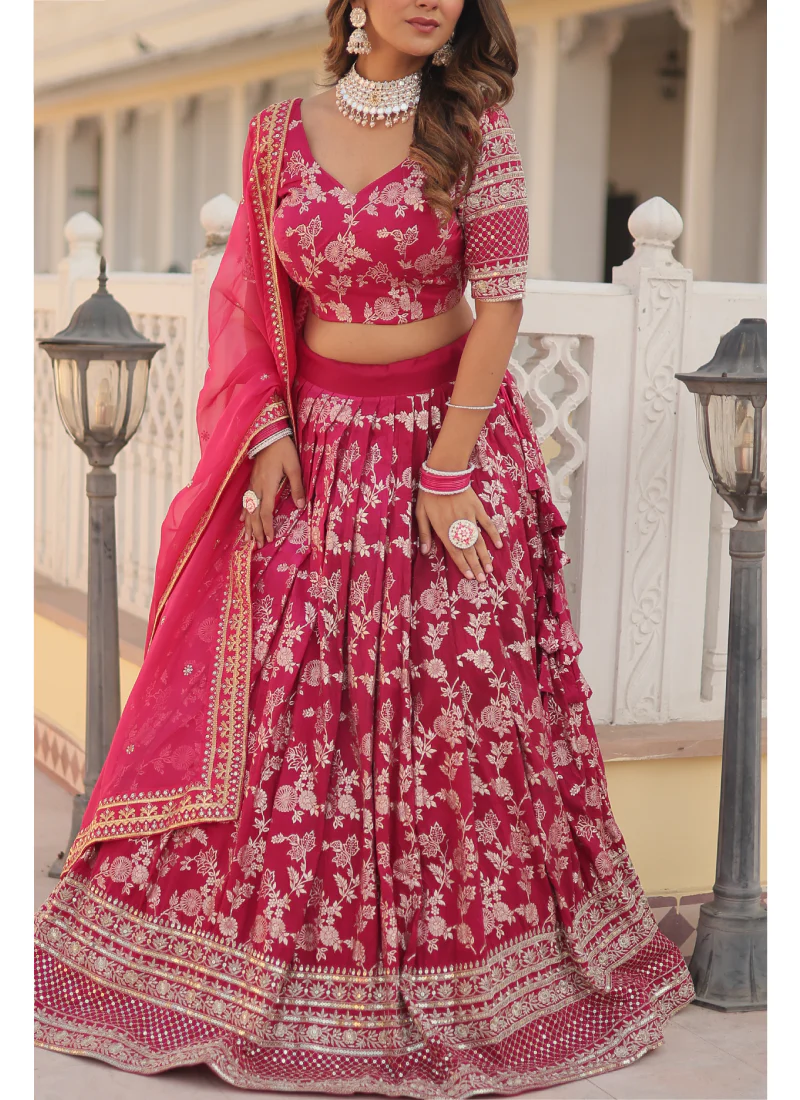 Aesthetically Zari Work Pure Viscose Jacquard Pink Lehenga Choli - Image 5