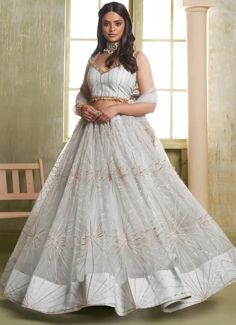 Alluring White Net Embroidered Bridesmaids lehenga choli with dupatta