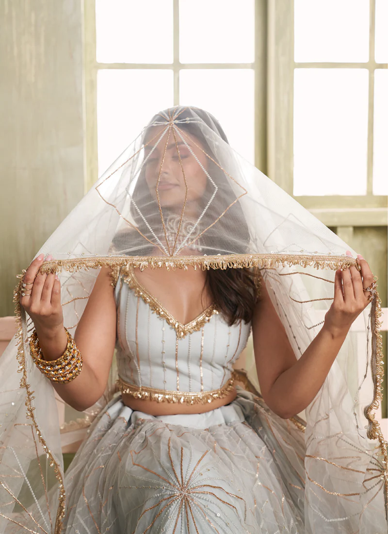 Alluring White Net Embroidered Bridesmaids lehenga choli with dupatta - Image 2