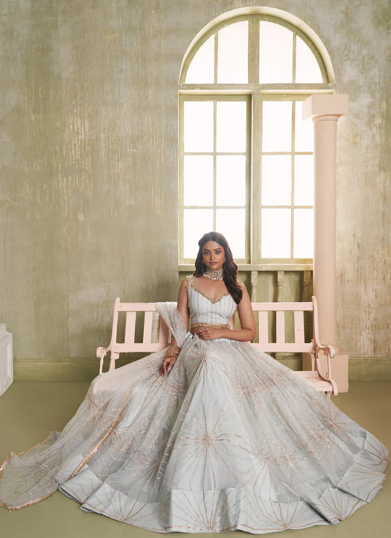 Alluring White Net Embroidered Bridesmaids lehenga choli with dupatta - Image 3