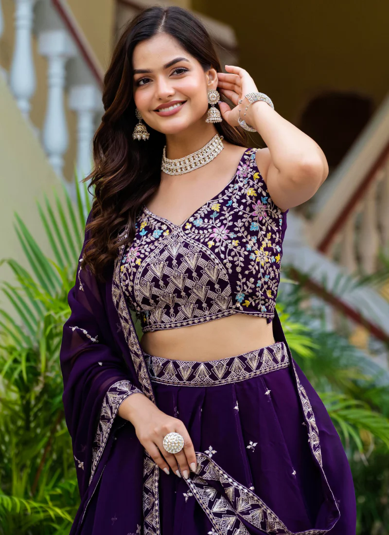 Alluring Zari Sequence Work Purple Party Wear Georgette Lehenga Choli - Image 2
