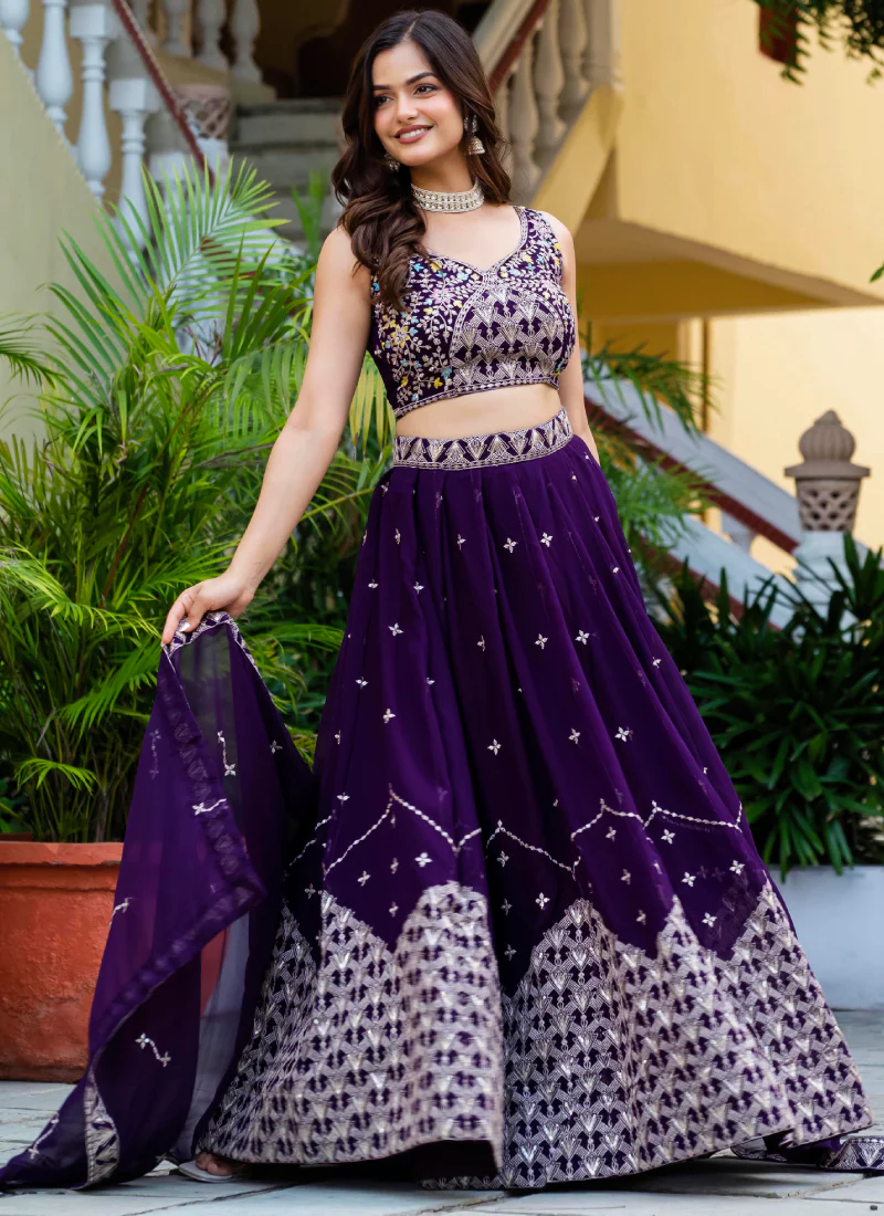 Alluring Zari Sequence Work Purple Party Wear Georgette Lehenga Choli - Image 3