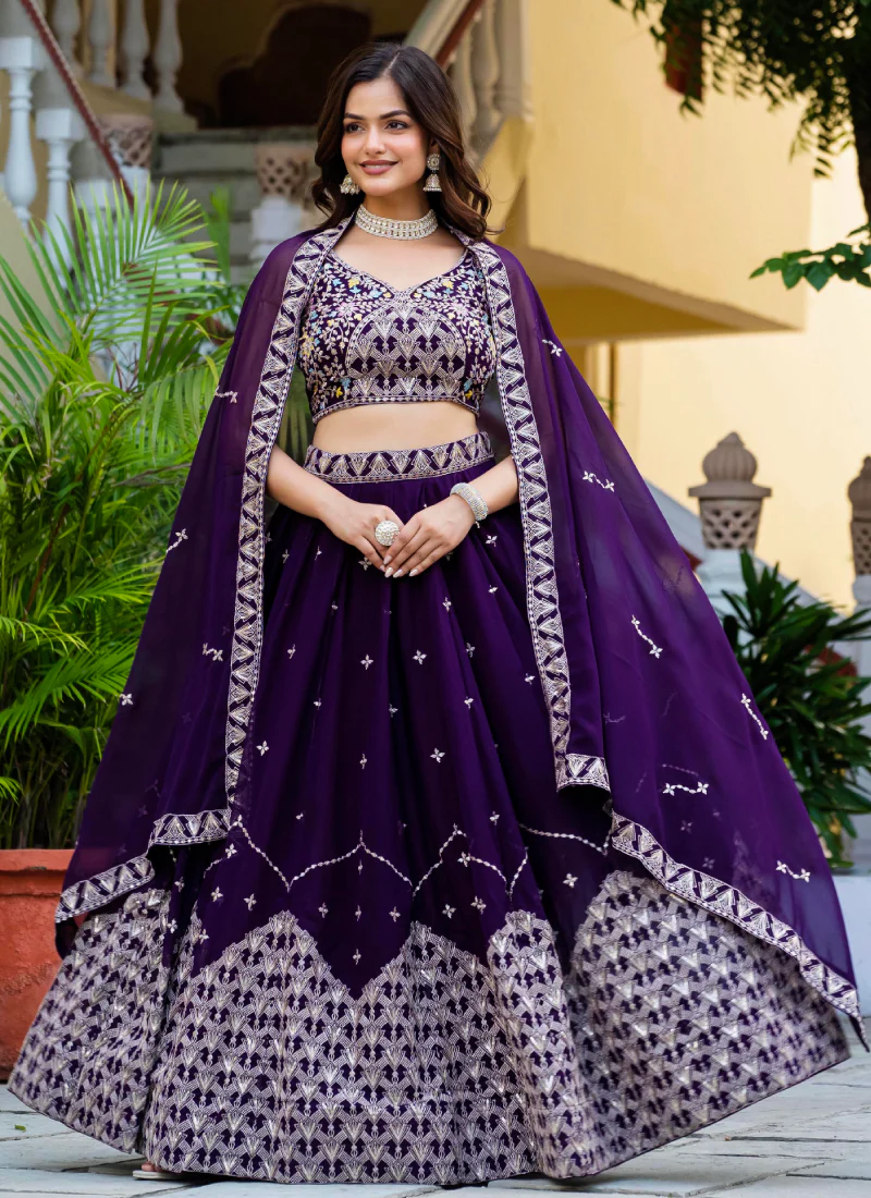 Alluring Zari Sequence Work Purple Party Wear Georgette Lehenga Choli - Image 4