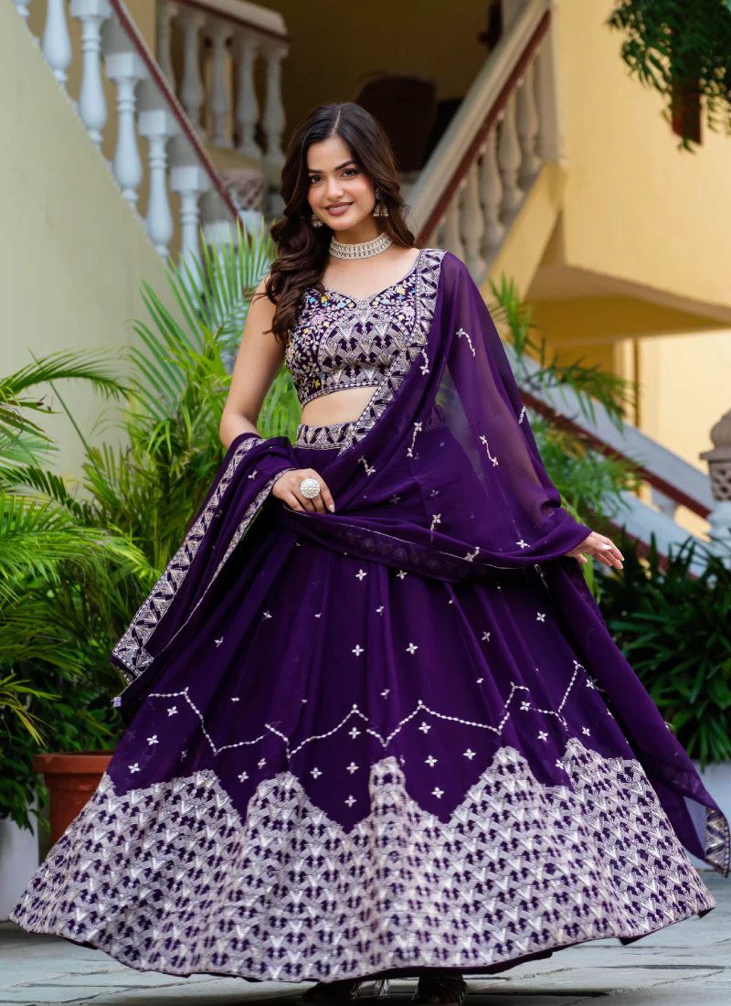 Alluring Zari Sequence Work Purple Party Wear Georgette Lehenga Choli - Image 5