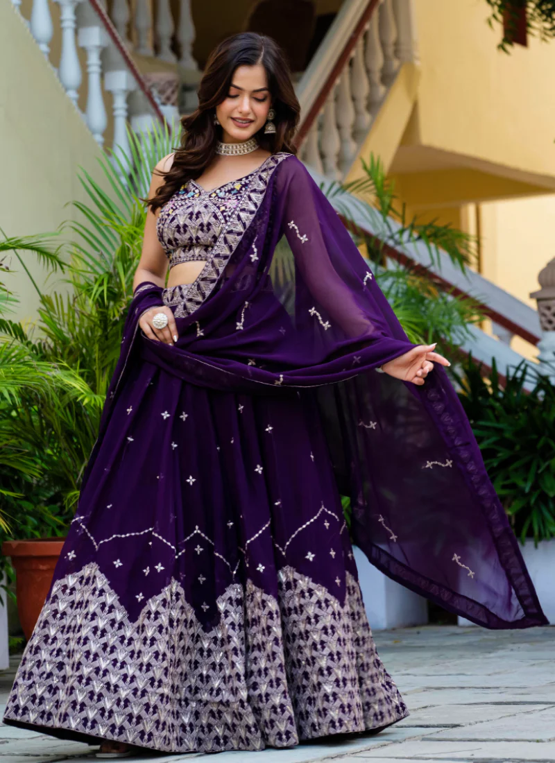 Alluring Zari Sequence Work Purple Party Wear Georgette Lehenga Choli - Image 6