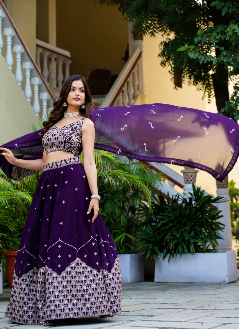 Alluring Zari Sequence Work Purple Party Wear Georgette Lehenga Choli - Image 7
