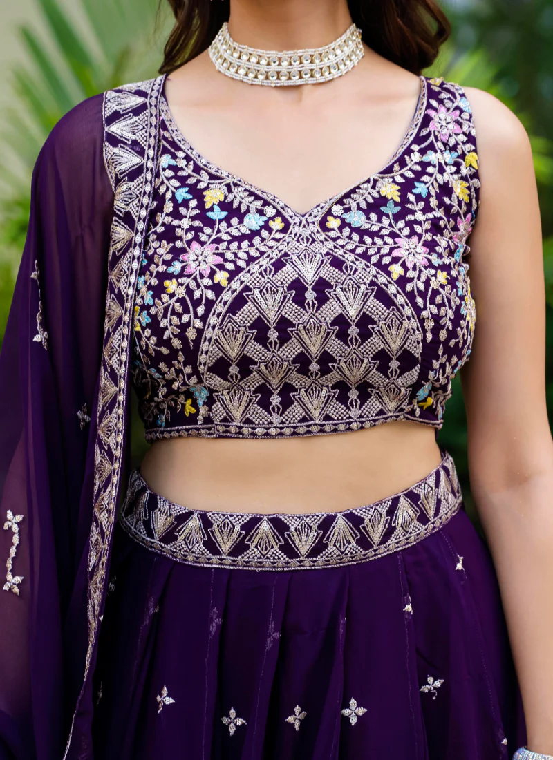 Alluring Zari Sequence Work Purple Party Wear Georgette Lehenga Choli - Image 9