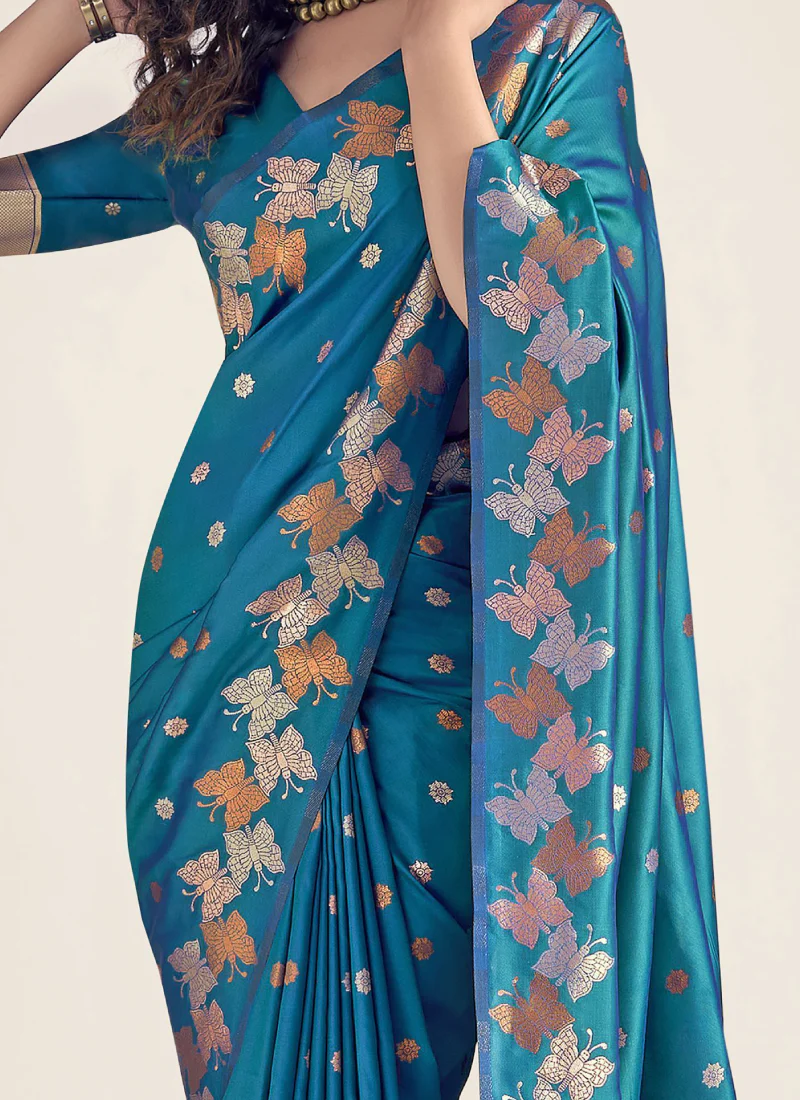 Amazing Banarasi Silk Zari Weaving Blue Wedding Saree With Blouse - Image 3
